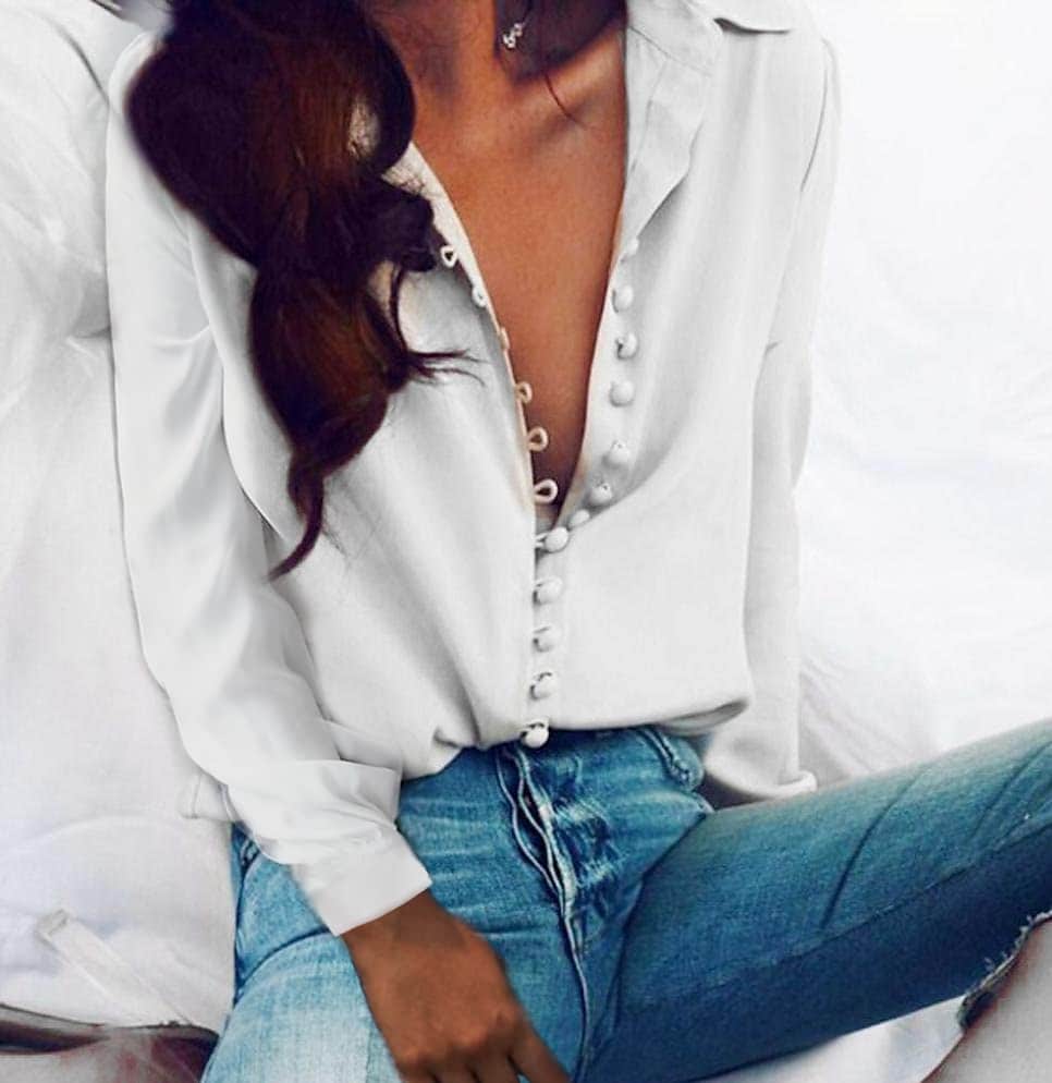Women's Blouse Shirt Solid Colored Button V Neck Basic Tops Slim Black Gray Royal Blue