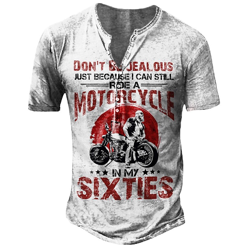 Men's Henley Shirt Graphic Letter Motorcycle Henley White 3D Print Street Daily Short Sleeve 3D Button-Down Clothing Apparel Sports Lightweight Comfortable Papa T Shirts / Summer / Summer
