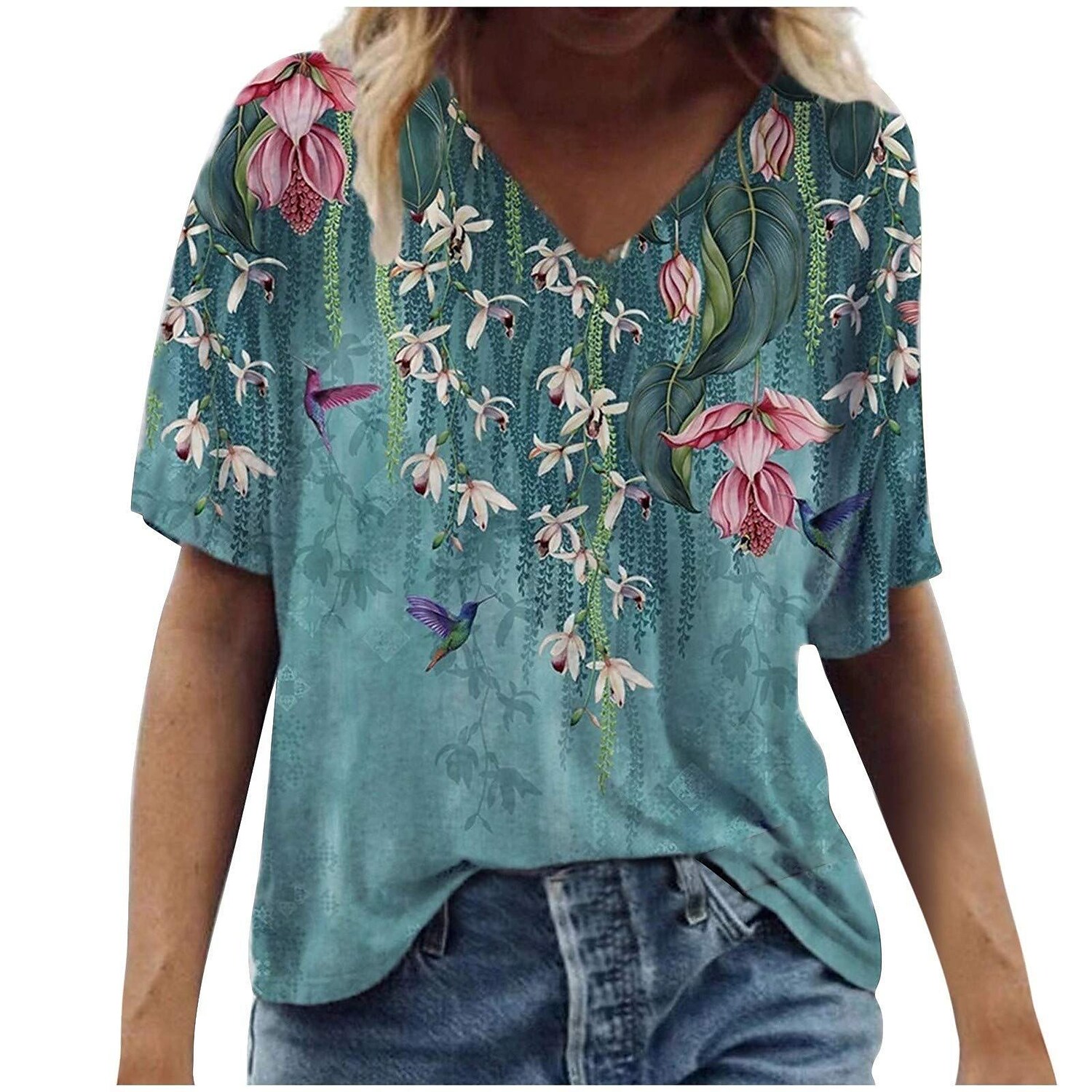 Women's Floral Theme T shirt Graphic Florals V Neck Basic Tops Floral blue Willow Green Blushing Pink