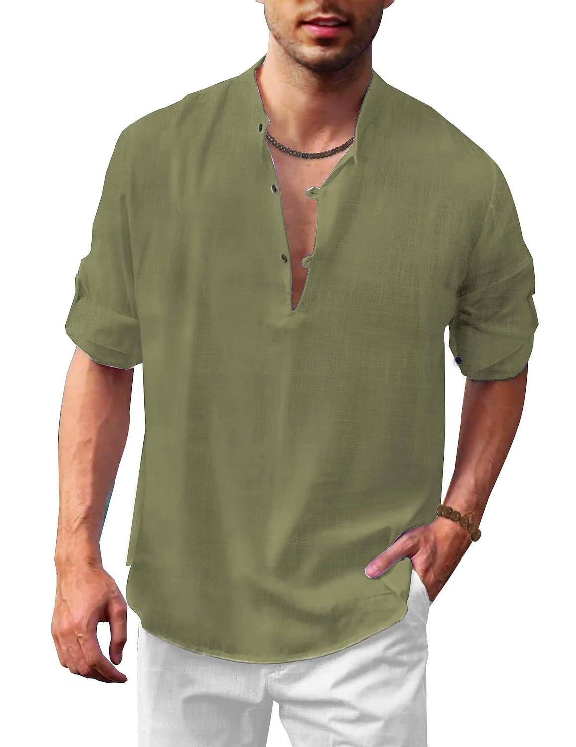 Men's Linen Henley Shirt Stand Collar Long Sleeve Casual Beach Shirt