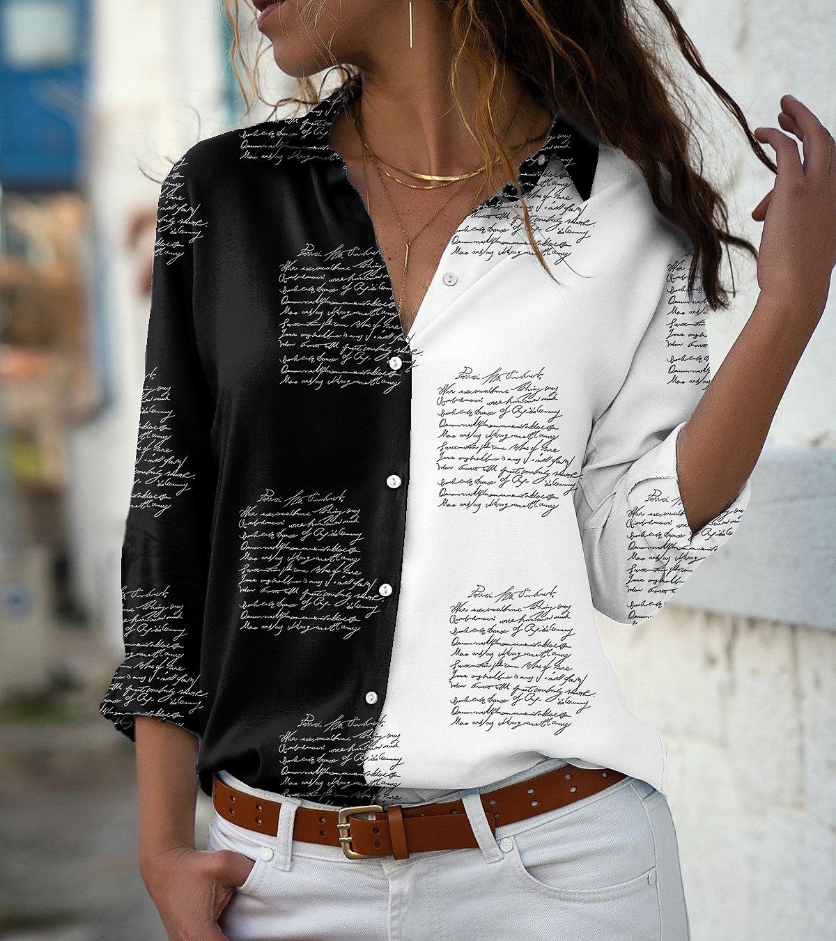 Women's Blouse Shirt Color Block Letter Button Shirt Collar Casual Tops  / 3D Print