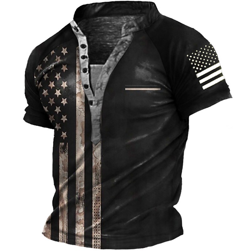 Men's Henley Shirt Tee T shirt Tee 3D Print Graphic Patterned National Flag Stand Collar Daily Sports Button-Down Print Short Sleeve Tops Basic Casual Classic Big and Tall Black / Summer