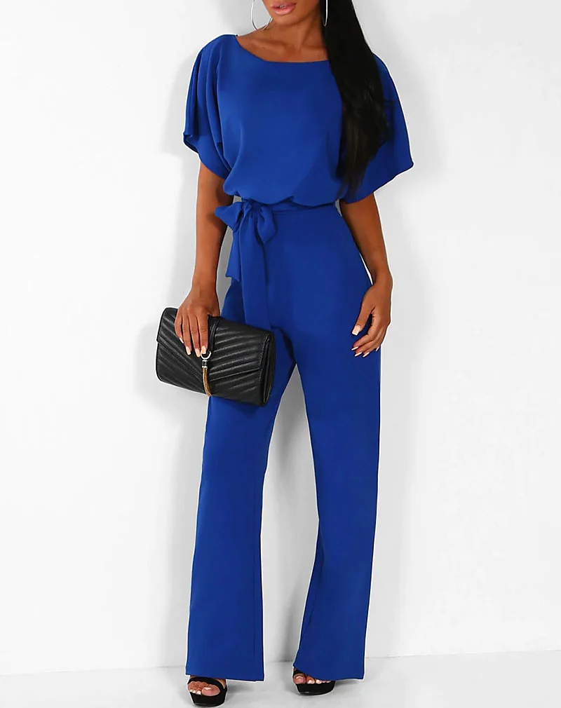 Casual Daily Going out 2022 Loose Jumpsuit Solid Color Wide Leg Belted