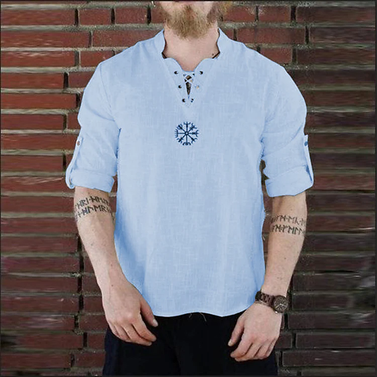 20212021 cross-border wish cross-border cotton and linen fashion embroidered long-sleeved stand-up collar shirt t-shirt men's sleeves long-sleeved t-shirt