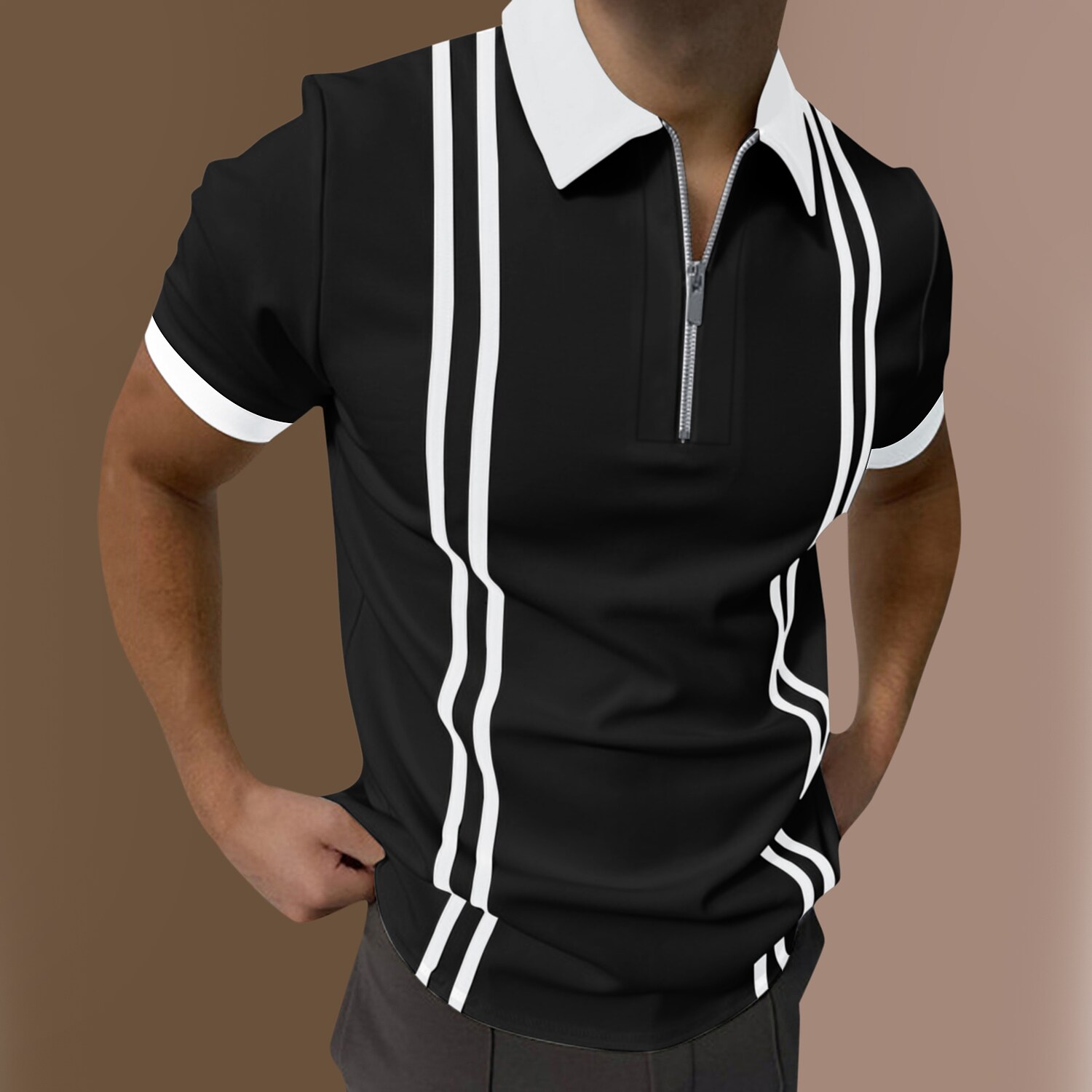 Men's Golf Shirt Striped Turndown Going out golf shirts Short Sleeve Tops Color Block Casual Sports Black Blue Gray