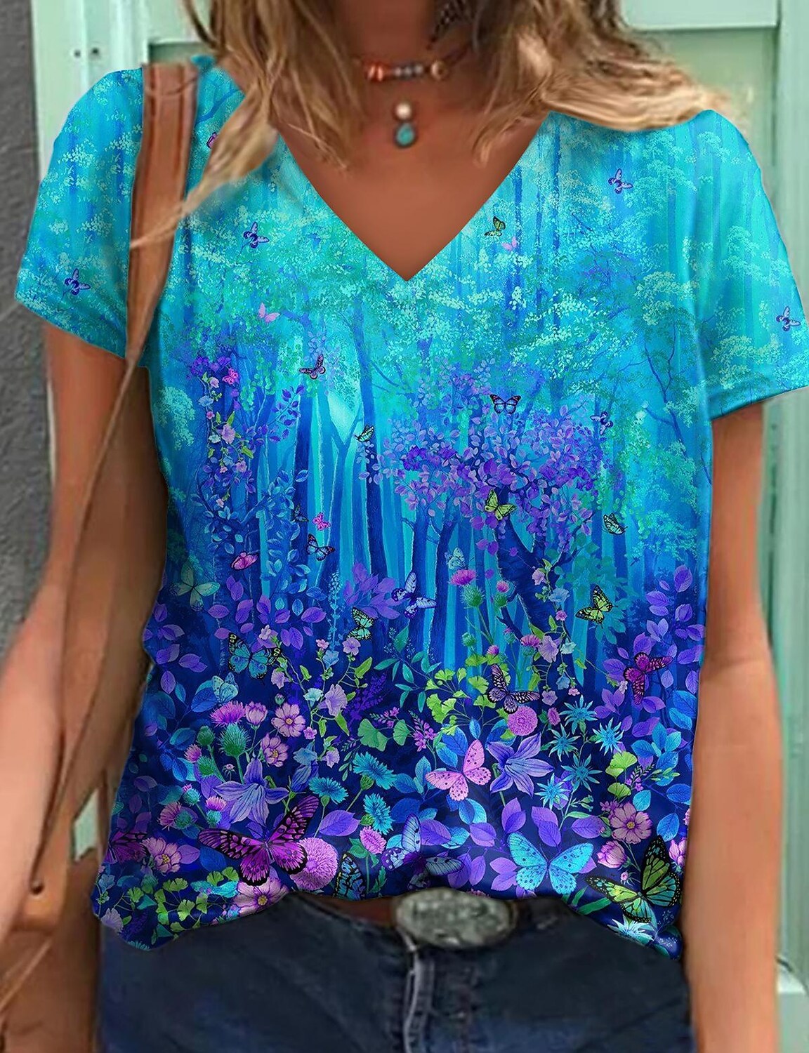 Women's Floral Theme Painting T shirt Floral Graphic Print V Neck Basic Tops