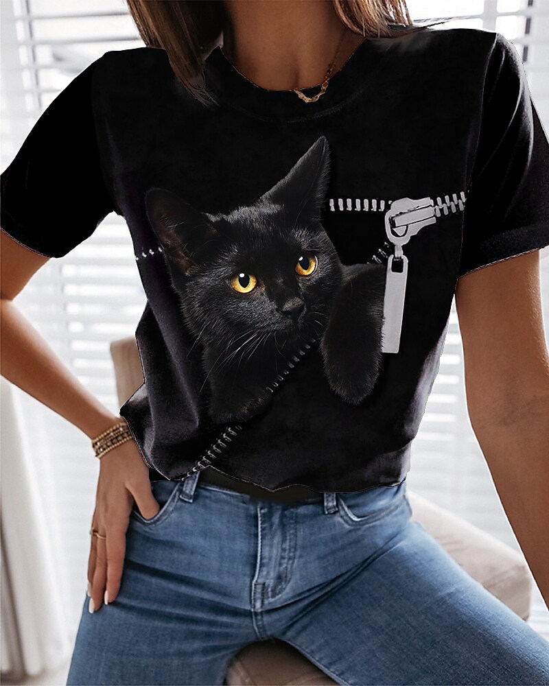 Women's 3D Cat Painting T shirt Cat 3D Animal Print Round Neck Basic Tops Black