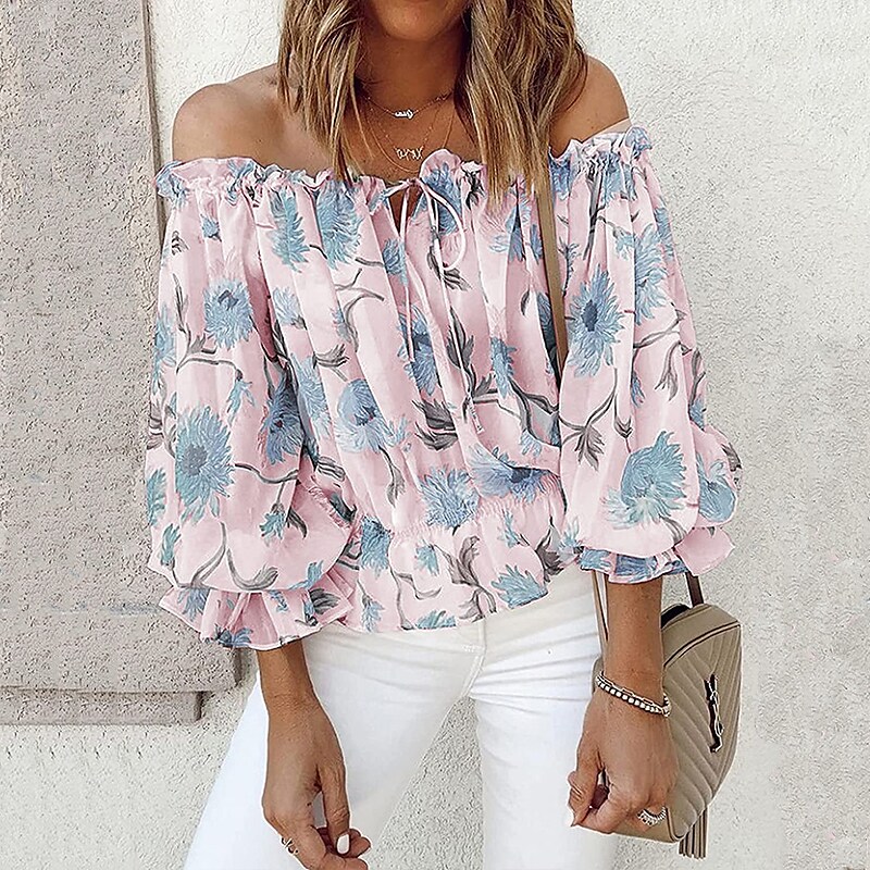 Women's T shirt Floral Graphic Print Off Shoulder Tops Puff Sleeve Blue Blushing Pink White