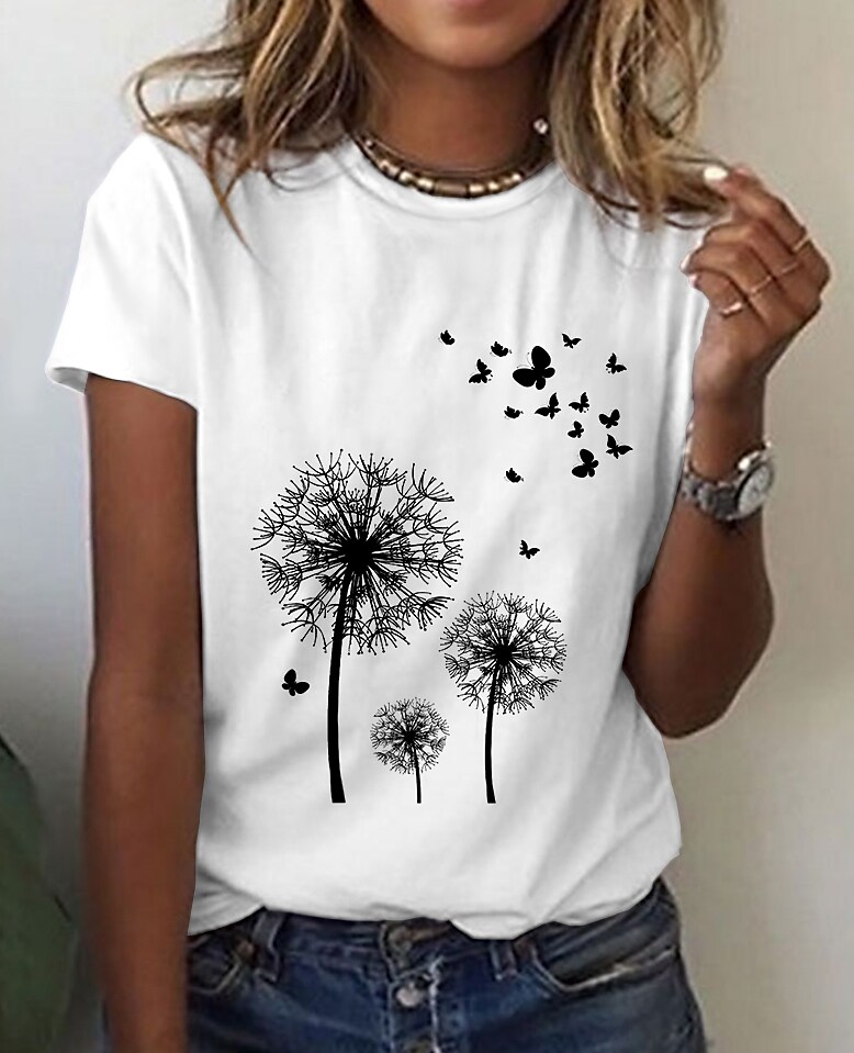 Women's T shirt Graphic Butterfly Dandelion Print Round Neck Tops Basic Basic Top White Black