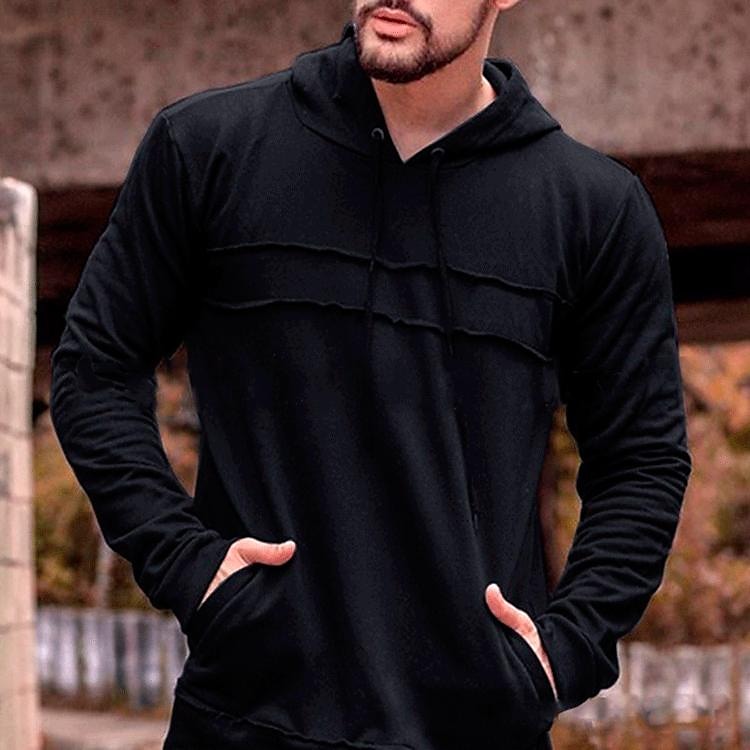 new autumn and winter new fashion casual solid color stitching rope long-sleeved hoodie men