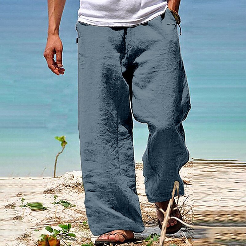 Men's Linen Pants Trousers Summer Pants Beach Pants Drawstring Elastic Waist Straight Leg Plain Comfort Casual Daily Holiday Linen / Cotton Blend Streetwear Hawaiian White Blue