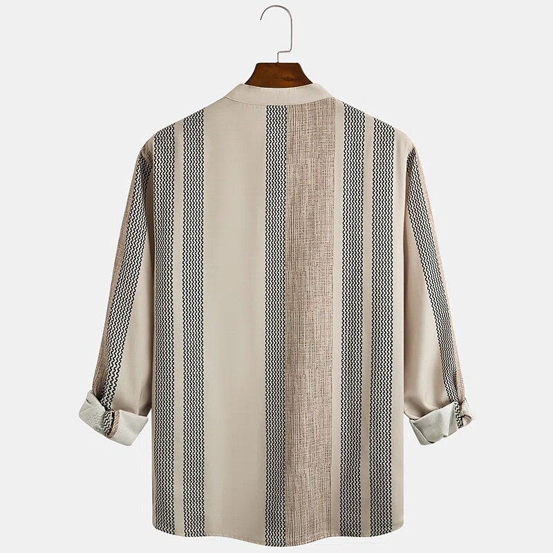 Men's Linen Shirt Henley Shirt Casual Shirt Navy Blue Green Light Grey Long Sleeve Striped Henley Spring & Summer Hawaiian Holiday Clothing Apparel Print