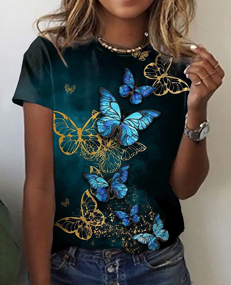 Women's Butterfly Painting T shirt Graphic Butterfly Print Round Neck Basic Vintage Tops Black / 3D Print