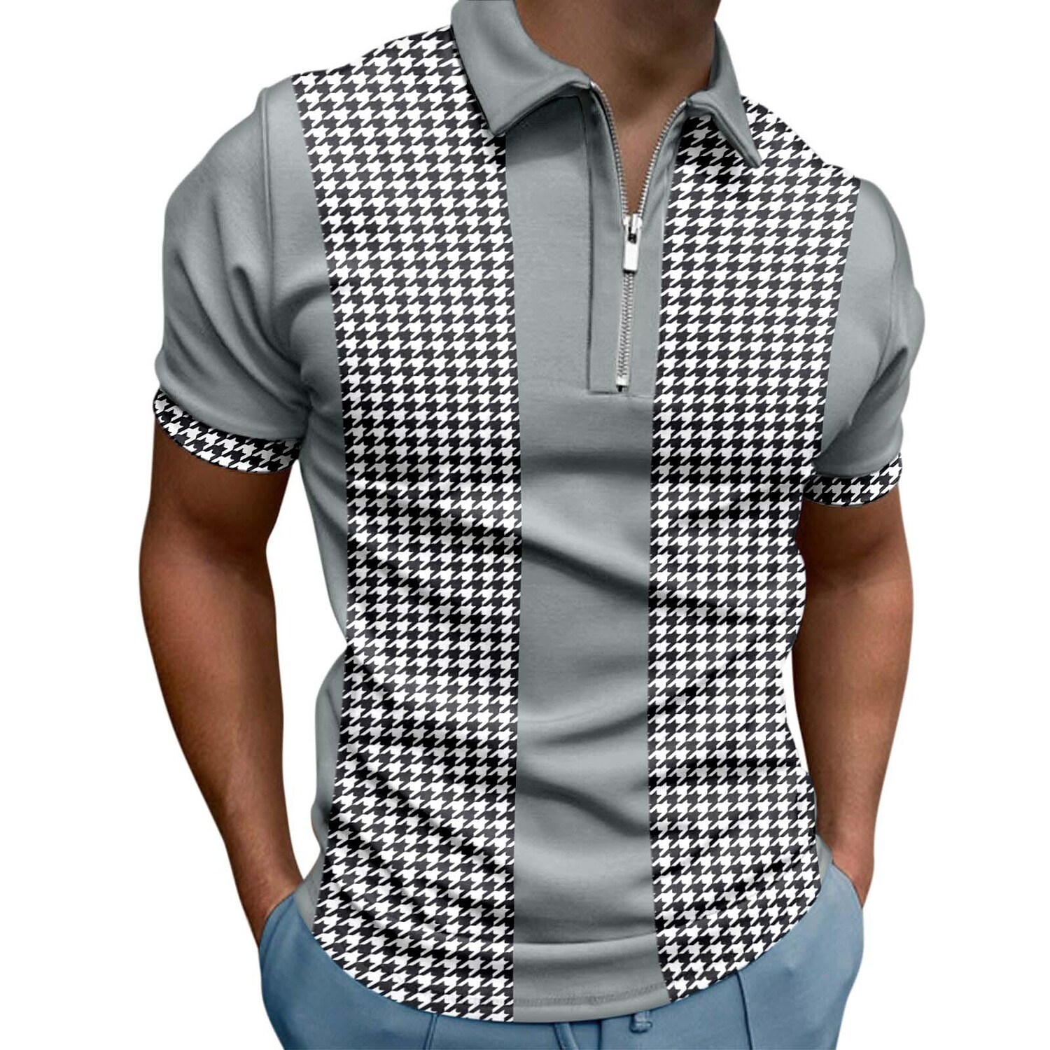 Striped Print Lapel Short Sleeve Sweater Casual Men's T-Shirt Zip Polo Shirt