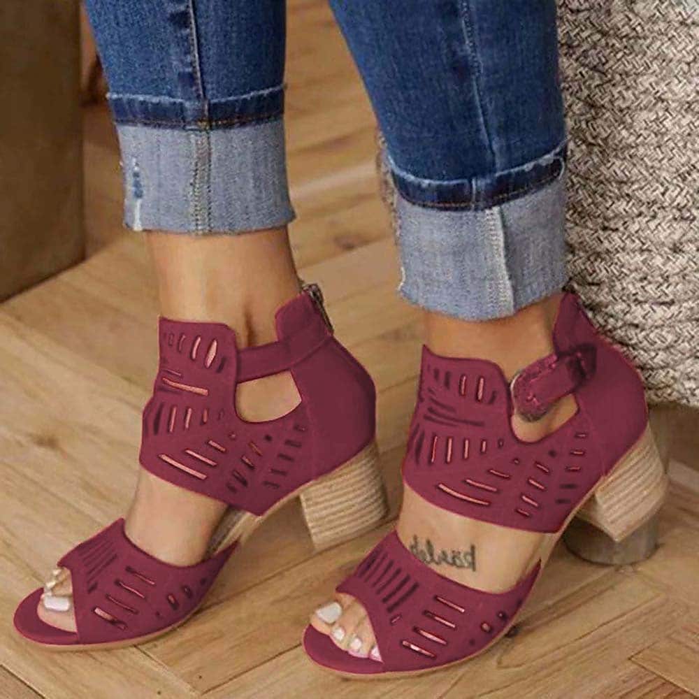 Women's Sandals Buckle Chunky Heel Peep Toe Casual Vintage Daily Faux Leather Zipper