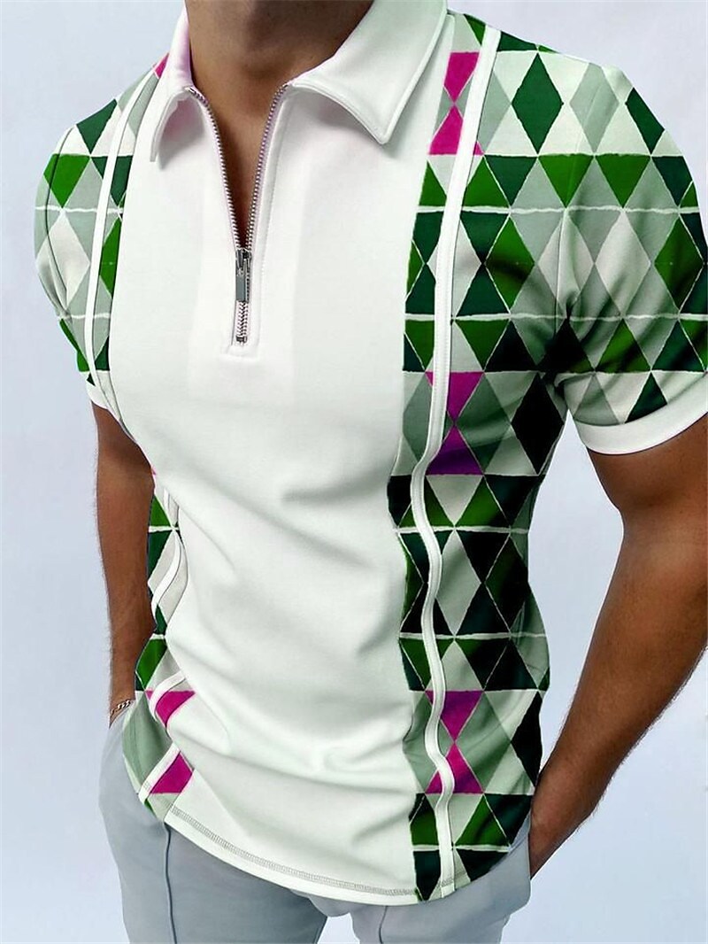 Men's Golf Shirt 3D Print Argyle Turndown Casual Daily Zipper Print Short Sleeve Tops Casual Fashion Comfortable Sports Green White Blue / Summer / Spring / Summer