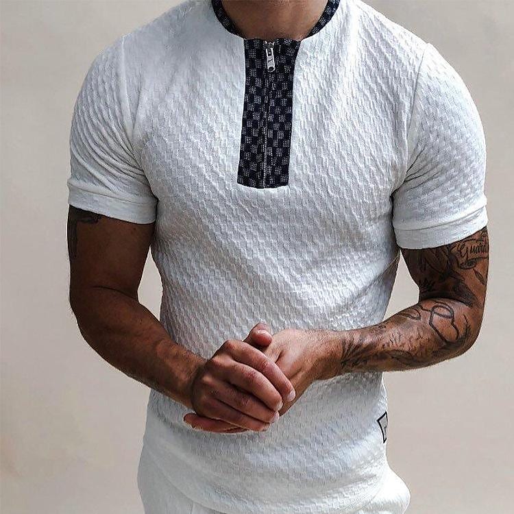 summer european and american foreign trade men's clothing black zipper polo shirt knitted jacquard men's white short-sleeved top