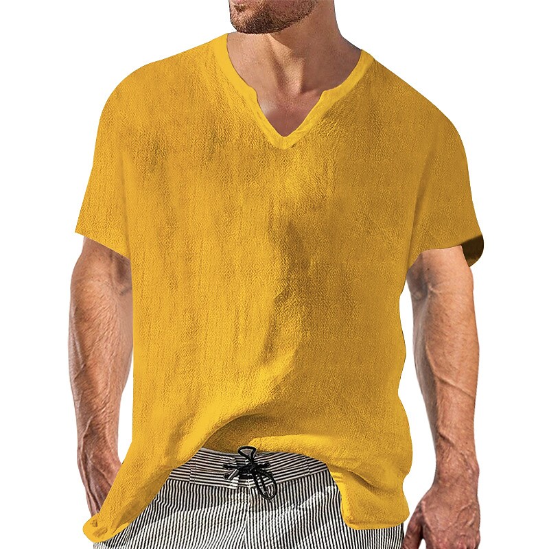 Men's Linen Shirt Summer Shirt Black White Yellow Short Sleeve Plain V Neck Spring & Summer Hawaiian Holiday Clothing Apparel