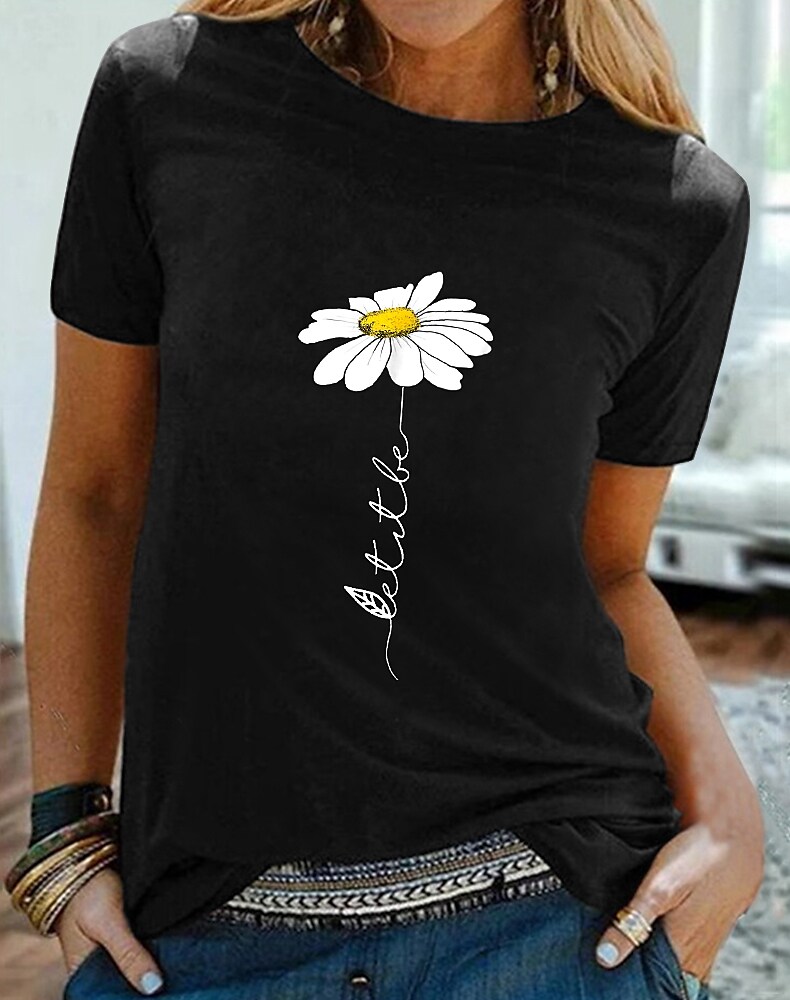 Women's Floral Theme Daisy T shirt Graphic Daisy Print Round Neck Basic Tops 100% Cotton Black