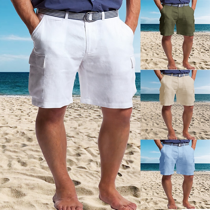 Men's Shorts Linen Shorts Summer Shorts Beach Shorts Multi Pocket Straight Leg Plain Comfort Breathable Short Casual Daily Holiday Linen / Cotton Blend Fashion Designer White Army Green