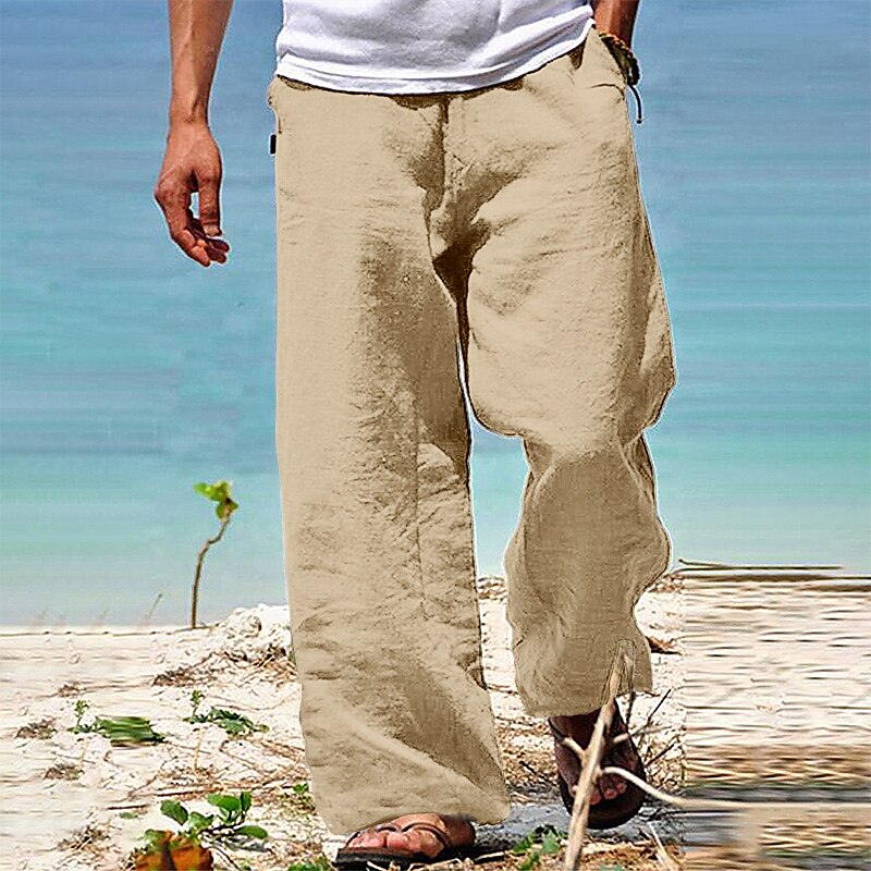 Men's Linen Pants Trousers Summer Pants Beach Pants Drawstring Elastic Waist Straight Leg Plain Comfort Casual Daily Holiday Linen / Cotton Blend Streetwear Hawaiian White Blue