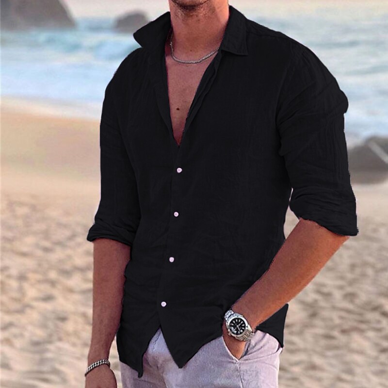 Men's Linen Shirt Shirt Summer Shirt Beach Shirt Black White Pink Long Sleeve Solid Color Turndown Spring & Summer Outdoor Street Clothing Apparel Button-Down