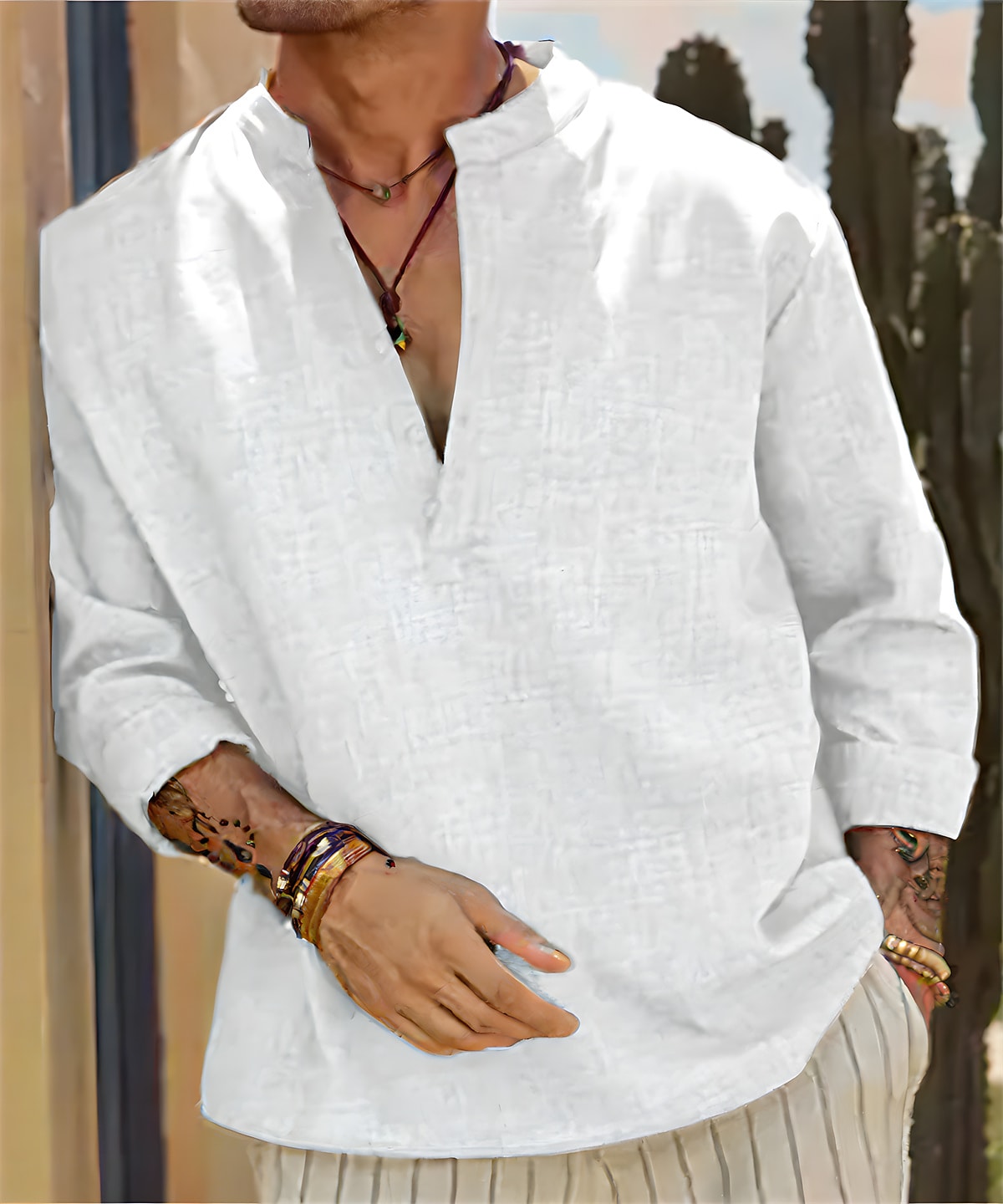 Men's Outdoor Casual Beach Hawaiian Breathable Lightweight Comfortable Plain Stand Collar Long Sleeve Henley Shirt