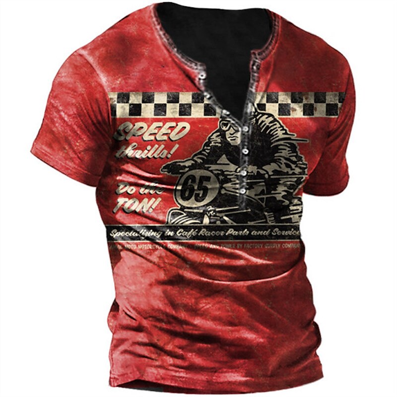 Men's T shirt Tee Henley Shirt Tee Graphic Motorcycle Henley Red 3D Print Plus Size Outdoor Daily Short Sleeve Button-Down Print Clothing Apparel Basic Designer Casual Big and Tall / Summer / Summer