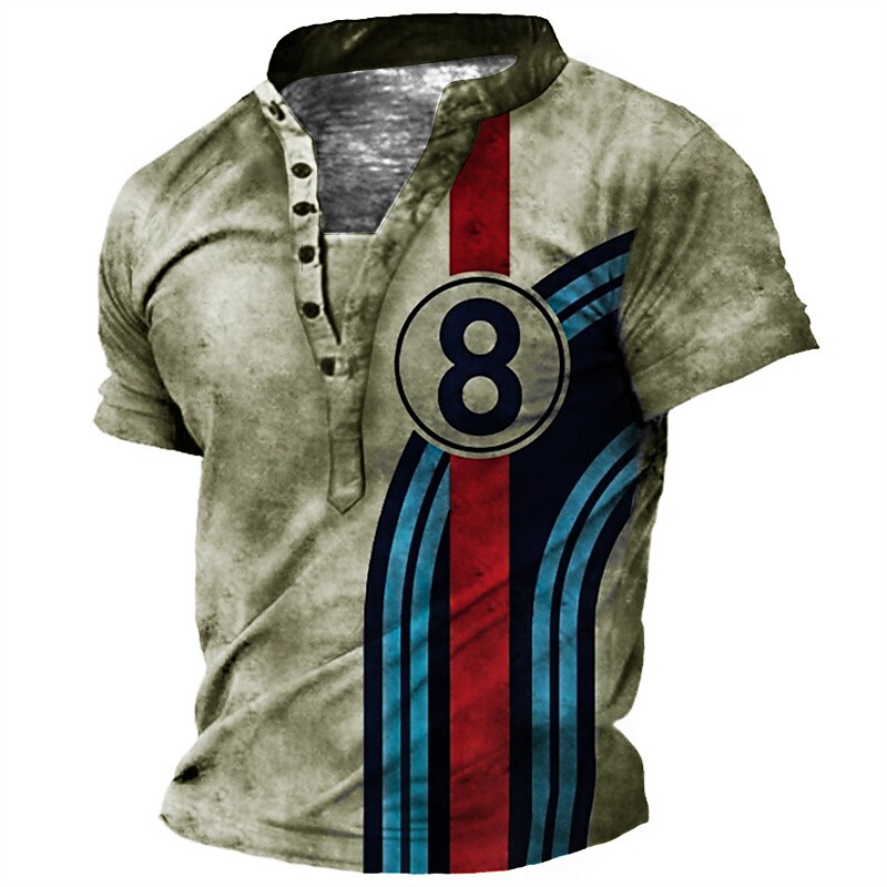 Men's T shirt Tee Henley Shirt Tee Graphic Striped Stand Collar Blue Army Green Brown Gray 3D Print Plus Size Outdoor Daily Short Sleeve Button-Down Print Clothing Apparel Basic Designer Casual Big