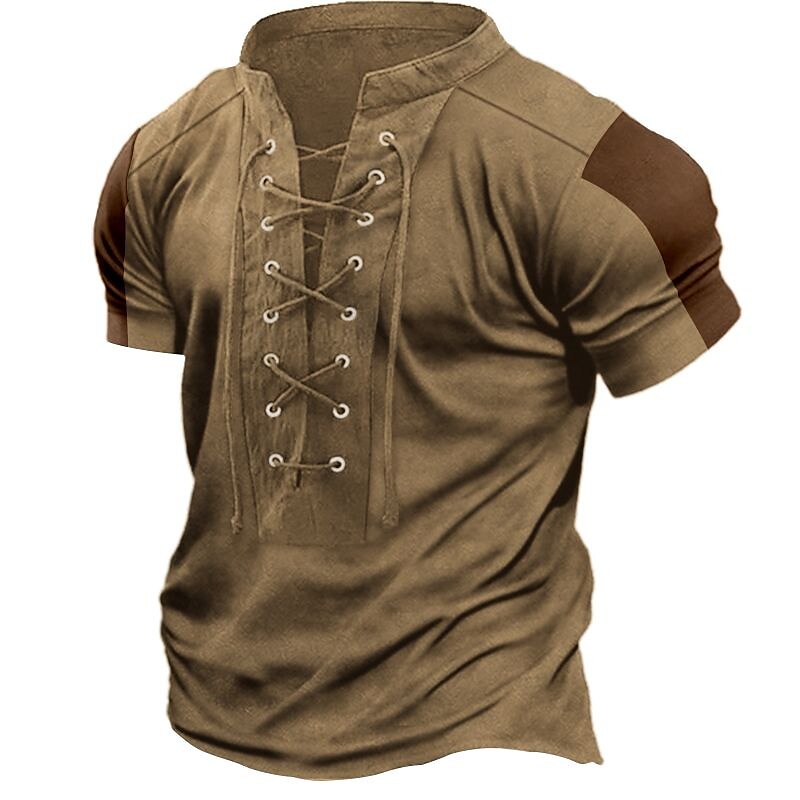 Men's Color Block Standing Collar Lace up  Basic Short Sleeves T-shirt