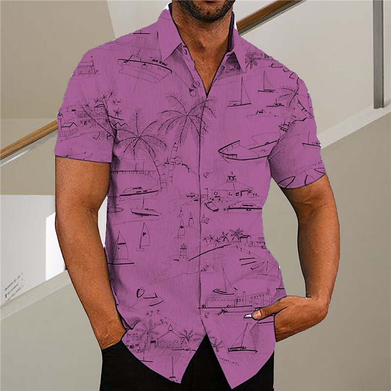 Men's Shirt Graphic Shirt Aloha Shirt Coconut Tree Graffiti Turndown Green Purple Pink Yellow Light Green Print Outdoor Street Short Sleeve Button-Down Print Clothing Apparel Fashion Designer Casual