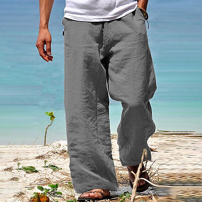 Men's Linen Pants Trousers Summer Pants Beach Pants Drawstring Elastic Waist Straight Leg Plain Comfort Casual Daily Holiday Linen / Cotton Blend Streetwear Hawaiian White Blue