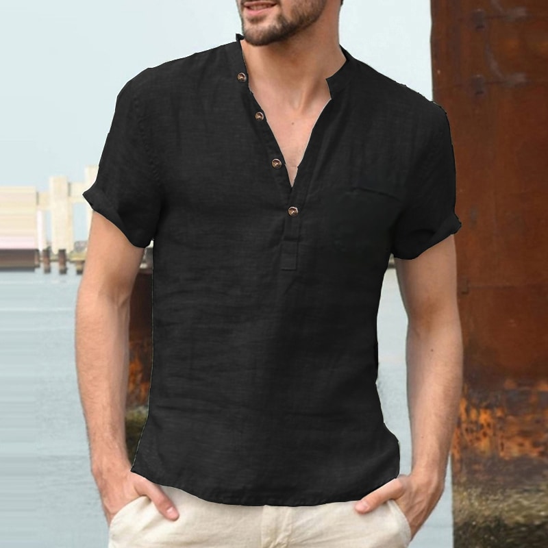 Men's Outdoor Casual Beach Hawaiian Breathable Lightweight Comfortable Plain Short Sleeve Henley Shirt