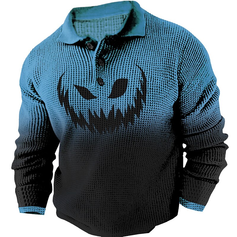 Men's Waffle Polo Shirt Golf Polo Vintage Polo Pumpkin 3D Print Polo Shirts Long Sleeve Turndown Polo Shirts Blue Purple Orange Fall & Winter Halloween Casual Daily Streetwear S M L Lapel Polo