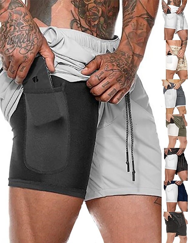 Men's Running Shorts Gym Shorts 2 in 1 with Phone Pocket Bottoms Sports Outdoor Athletic Breathable Quick Dry Moisture Wicking Yoga Fitness Gym Workout Slim Fit Sportswear Activewear Solid Colored