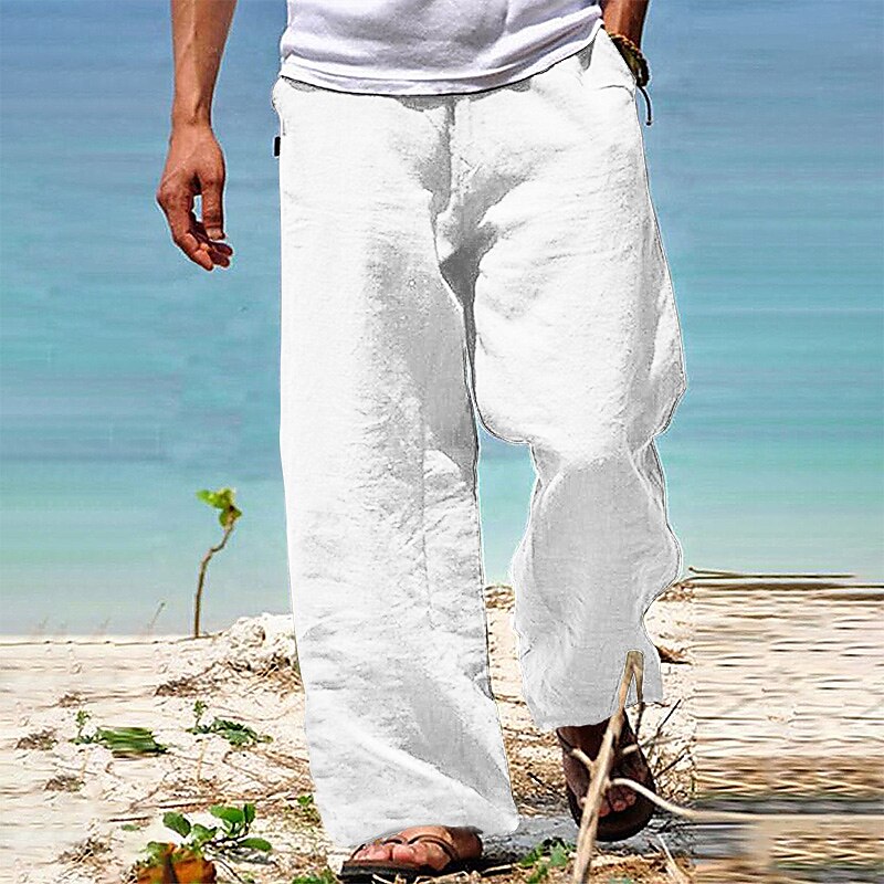 Men's Linen Pants Trousers Summer Pants Beach Pants Drawstring Elastic Waist Straight Leg Plain Comfort Casual Daily Holiday Linen / Cotton Blend Streetwear Hawaiian White Blue