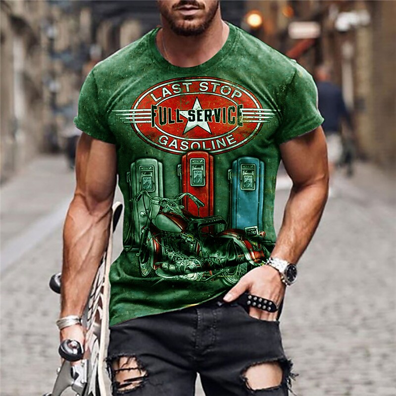 Men's T shirt Tee Graphic Motorcycle Crew Neck Olive Green Green Blue Brown Gray 3D Print Street Casual Short Sleeve Print Clothing Apparel Basic Fashion Classic Comfortable / Summer / Summer