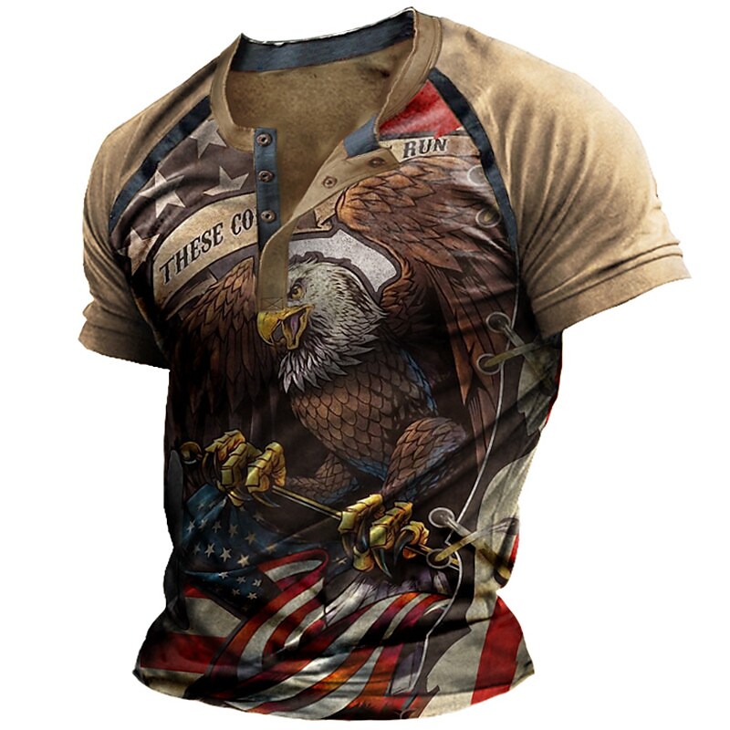 Men's 3D Print Graphic Eagle Henley Short Sleeve T-shirt 