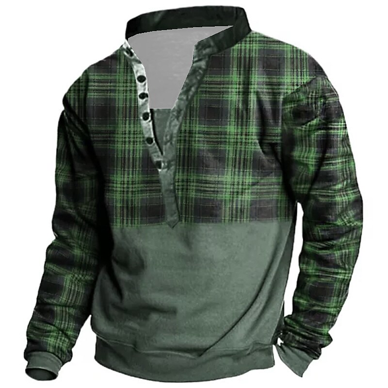 Printrendy Men's Pullover 3D Print Graphic Prints Tartan Print Button Up Sweatshirts