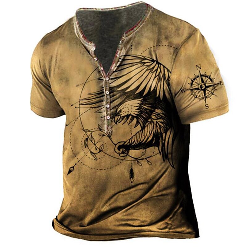 Men's 3D Print Graphic Patterned Eagle Button-Down Short Sleeve Polo T-shirt