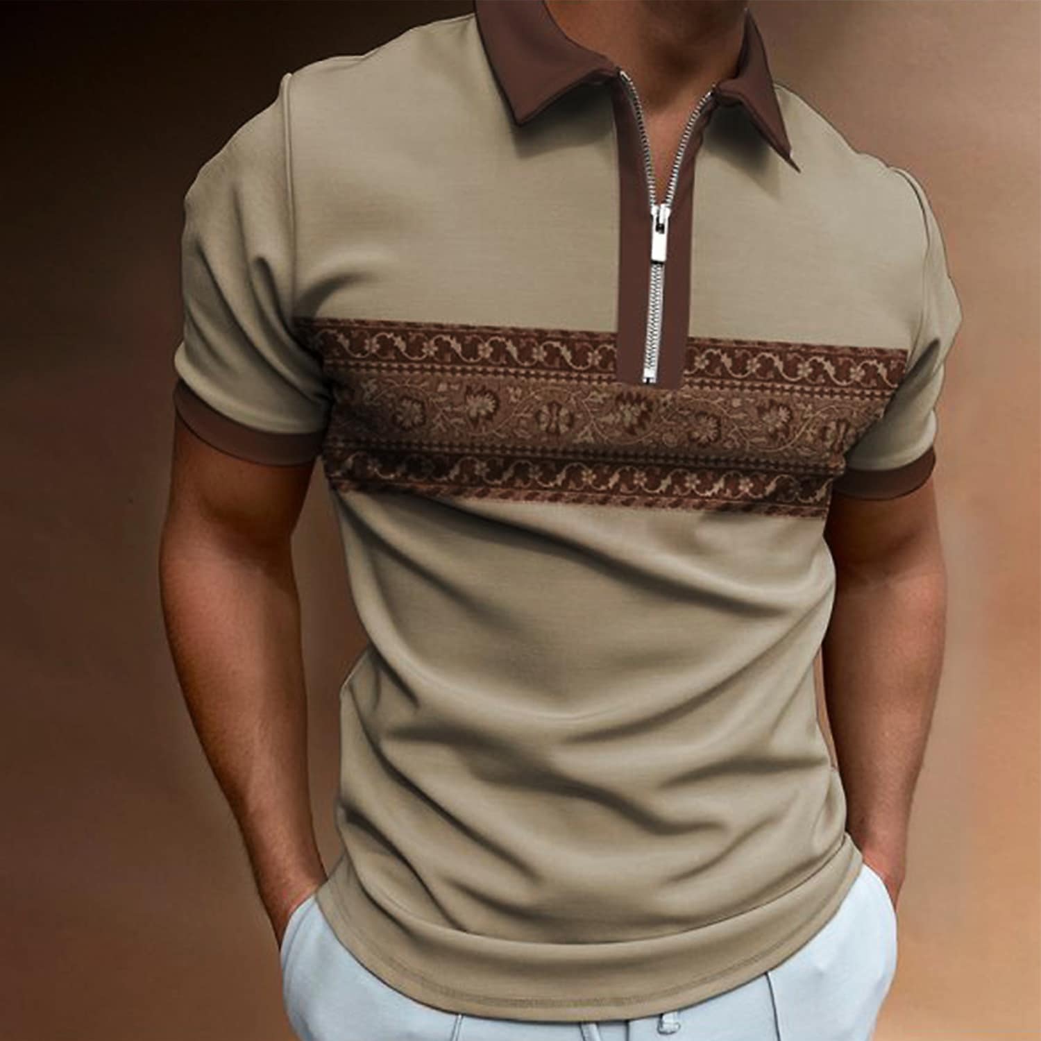 Men's Hot Stamping Casual Zipper Short Sleeve Polo T-shirt