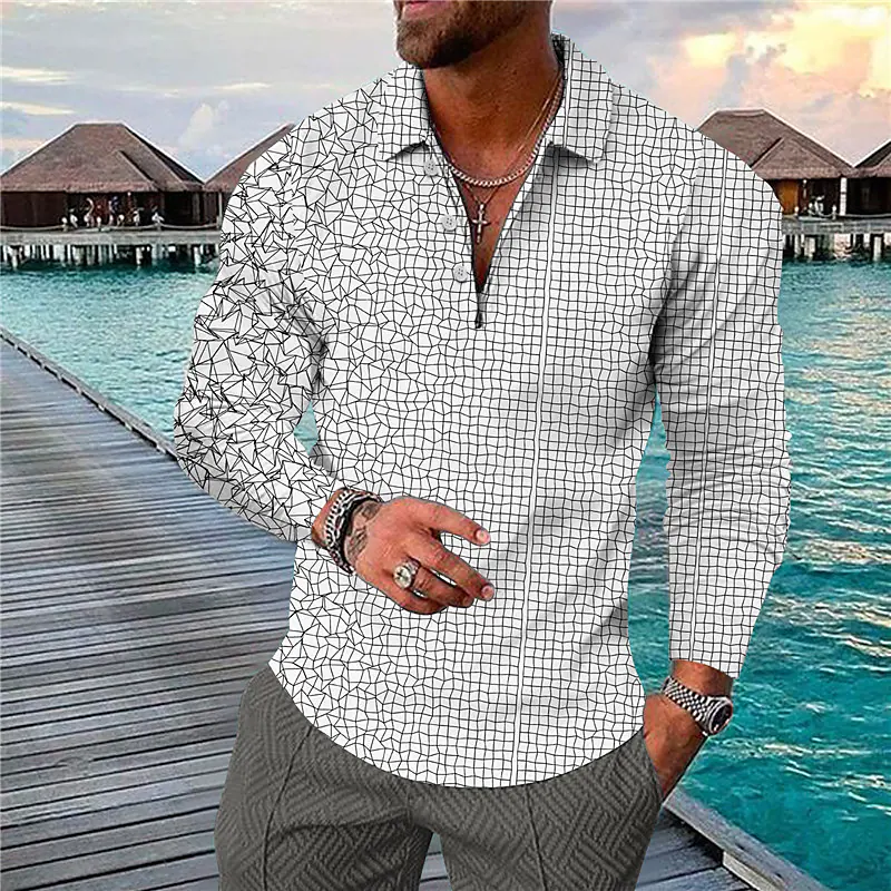 Printrendy Men's Golf Shirt 3D Print Geometry Long Sleeve Button-Down Polo T-shirt