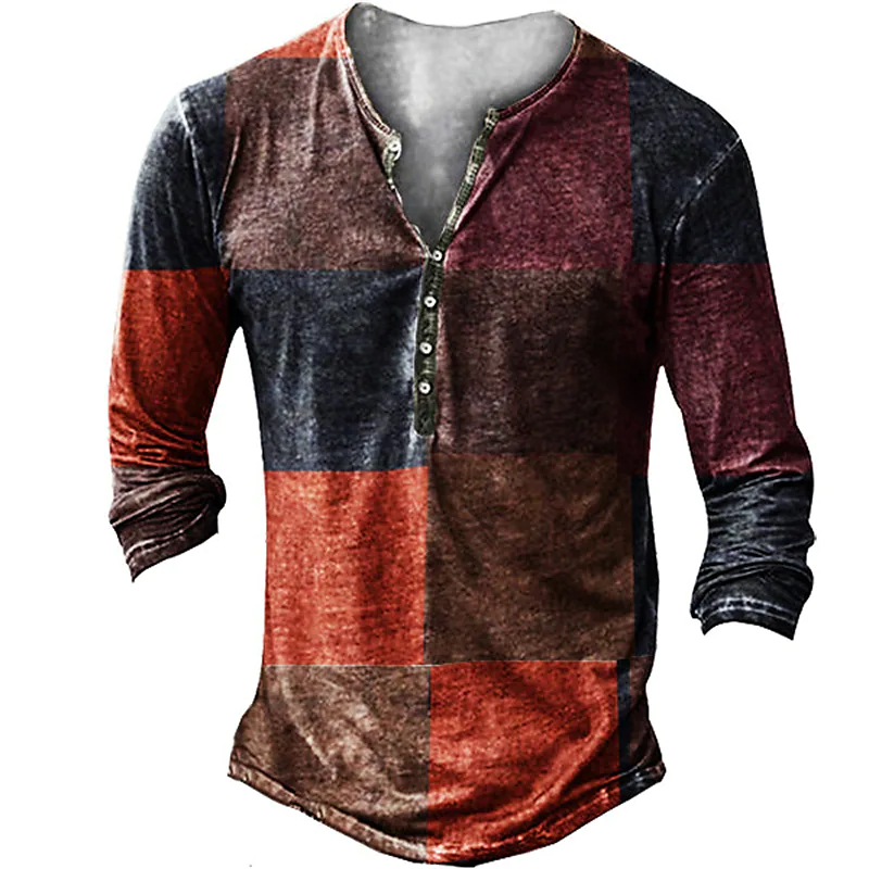 Men's Henley Shirt T shirt Lattice Graphic Prints Henley Casual Daily Button-Down Print Long Sleeve Tops Lightweight Breathable Big and Tall Red
