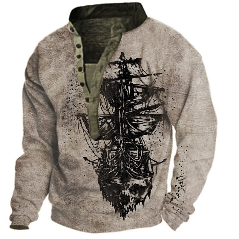 Printrendy Men's Pullover 3D Print Graphic Prints Sailboat Button Up Sweatshirts
