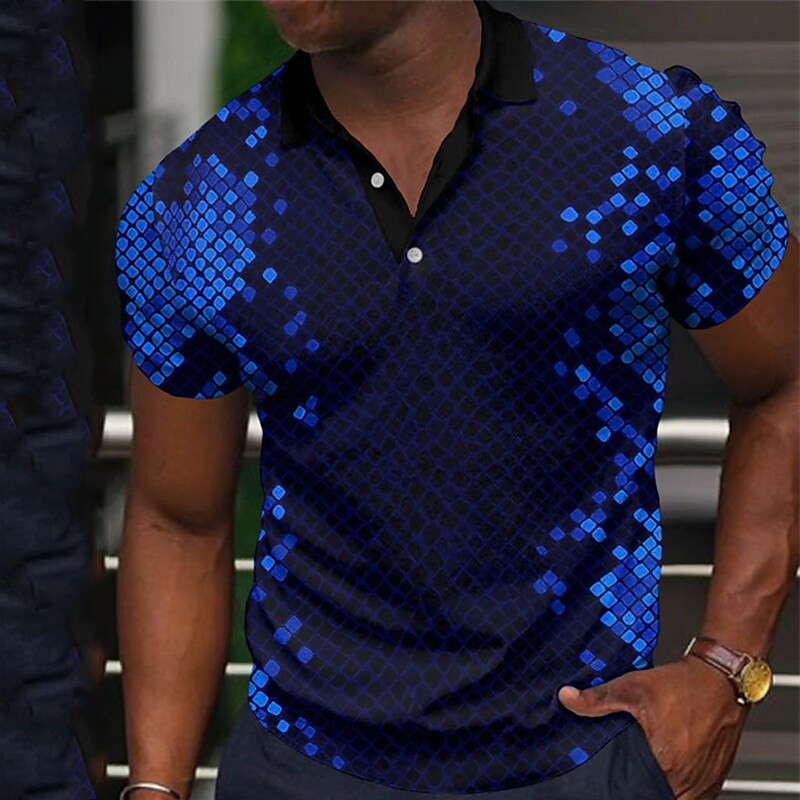 Men's 3D Print Plaid Button-Down Short Sleeve Polo T-shirt