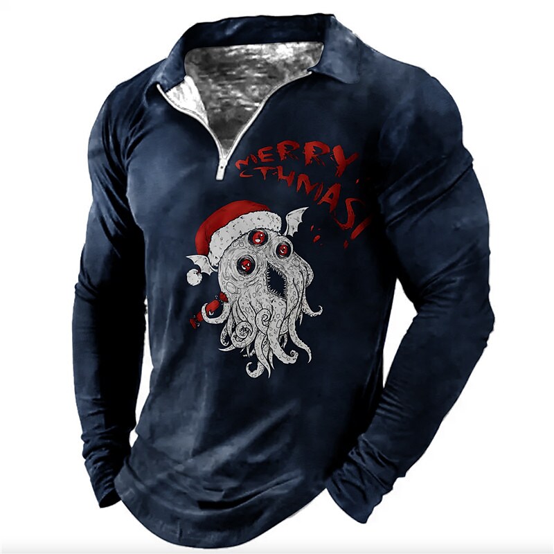 Printrendy Men's 3D Print Letter Santa Claus Octopus Christmas Long Sleeve Half Zipper T-shirt