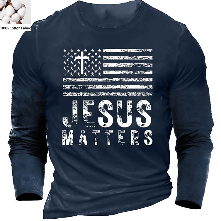 Printrendy Men's Hot Stamping Cotton Jesus Letter American Flag Crew Neck Long Sleeve T-shirt