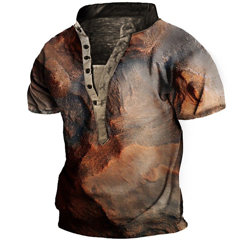 Men's 3D Print Graphic Mountain Stand Collar Henley T-shirt