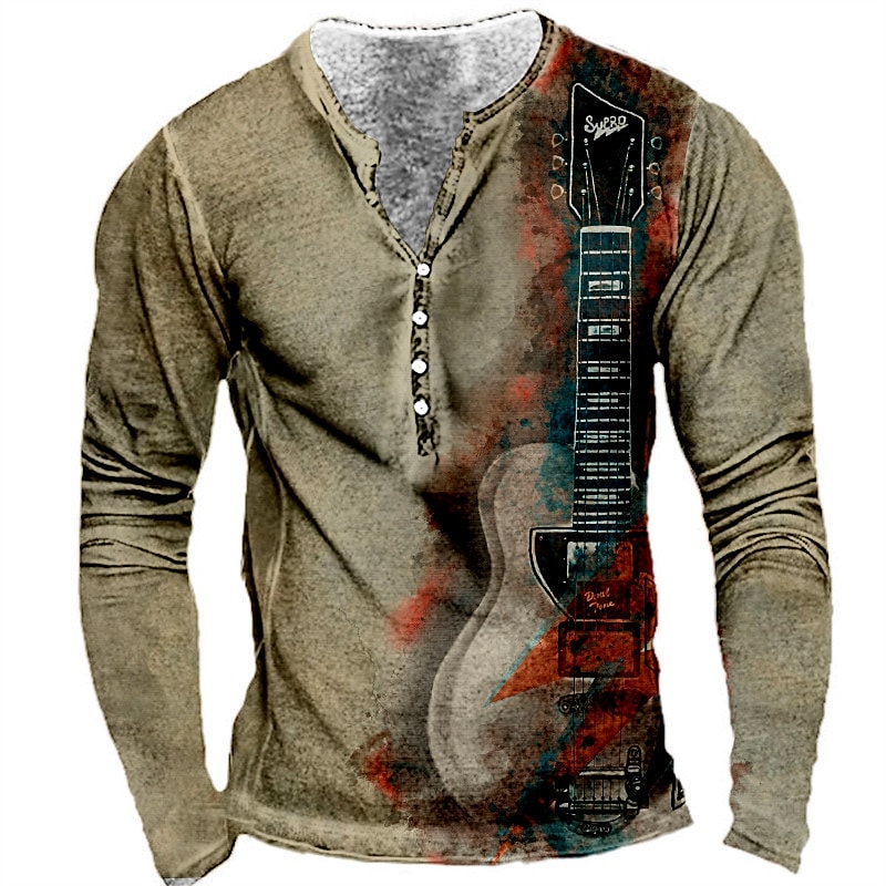 Men's 3D Print Graphic Guitar Daily Henley T-shirt