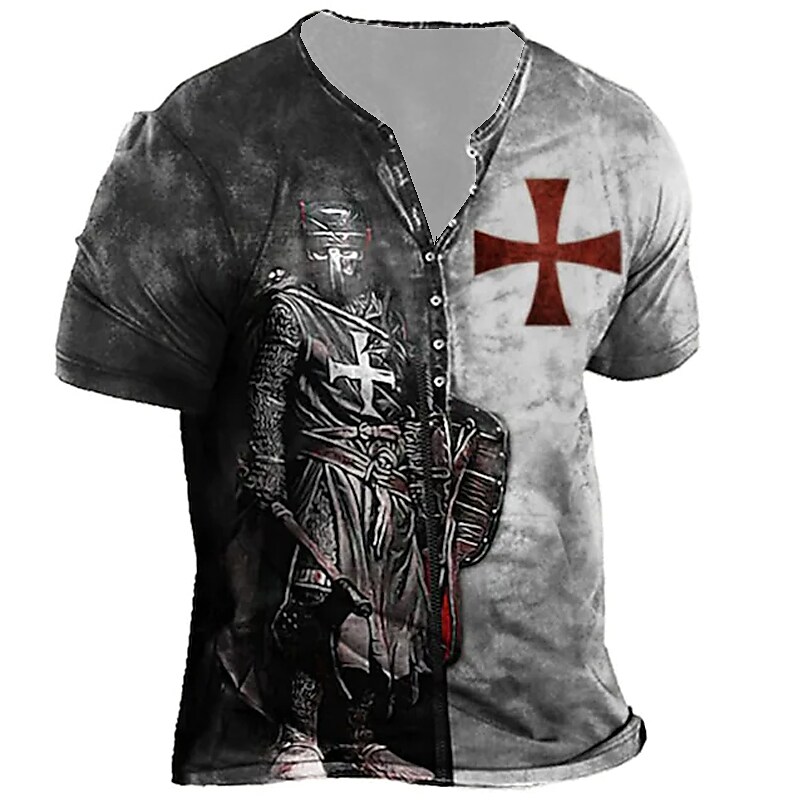 Printrendy Men's Henley 3D Print Graphic Cross Button-Down Short Sleeve T-shirt